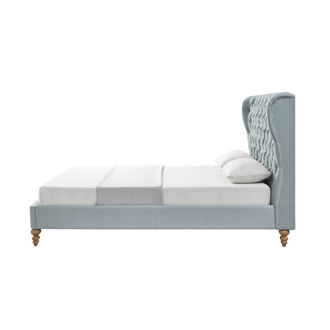 Blue Solid Wood Twin Tufted Upholstered Linen Bed Image 2