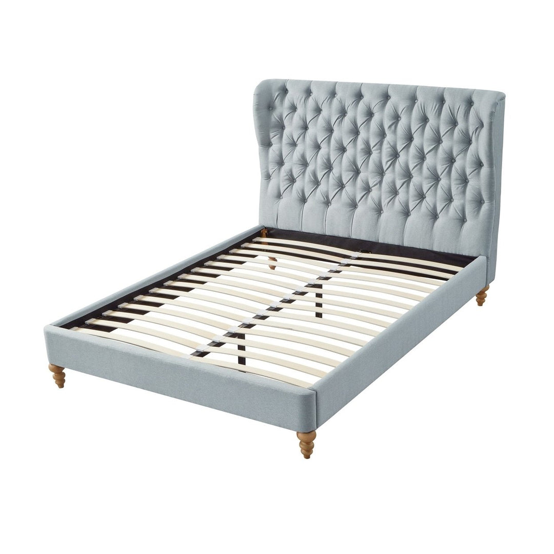 Blue Solid Wood Twin Tufted Upholstered Linen Bed Image 3