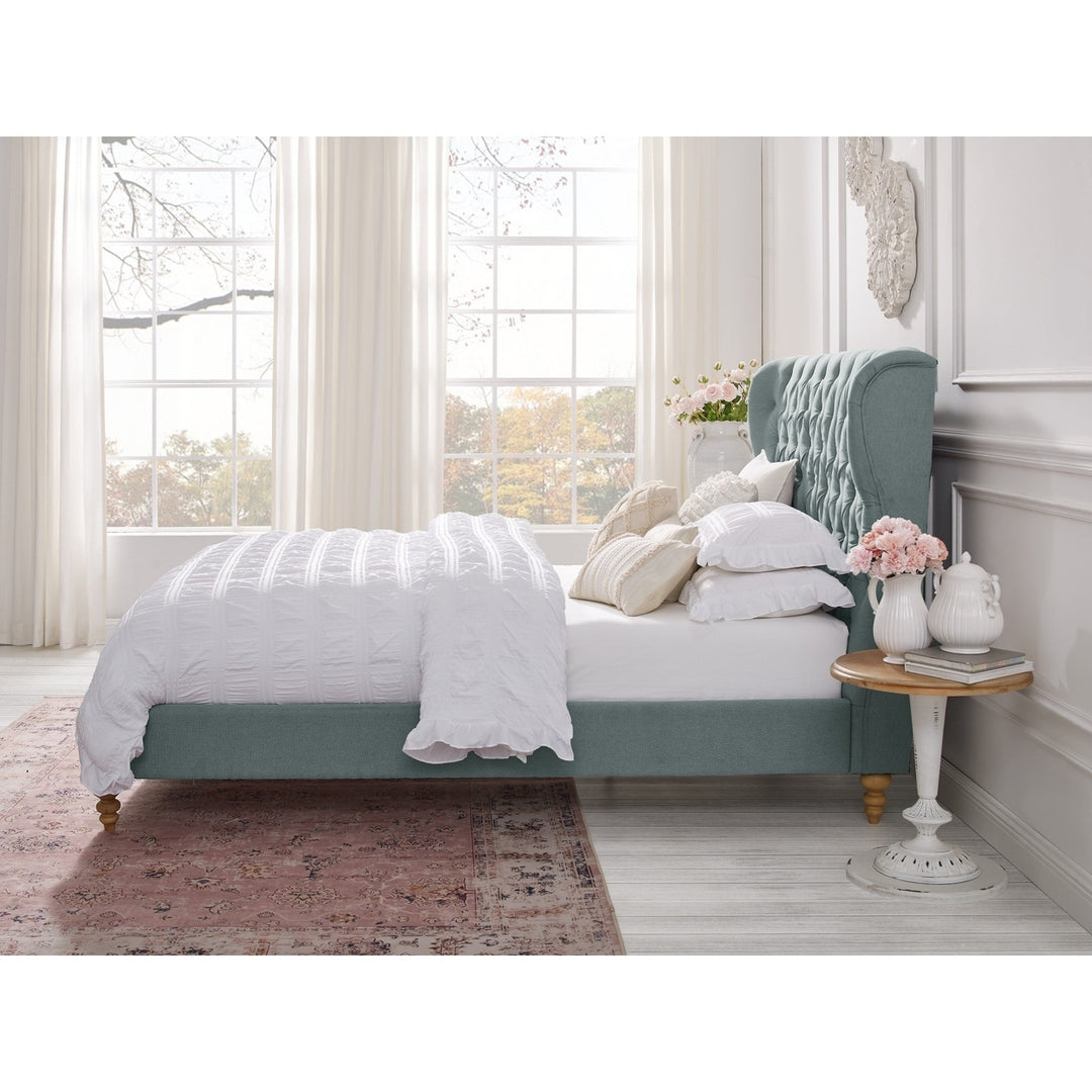 Blue Solid Wood Twin Tufted Upholstered Linen Bed Image 5