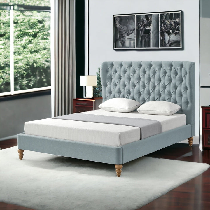 Blue Solid Wood Twin Tufted Upholstered Linen Bed Image 9