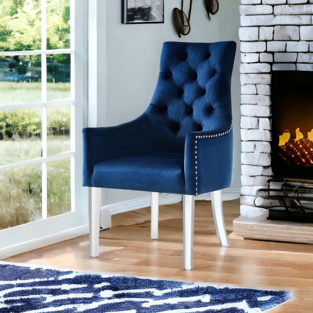 Set of Two Tufted Navy Blue and Clear Upholstered Velvet Dining Arm Chairs Image 10