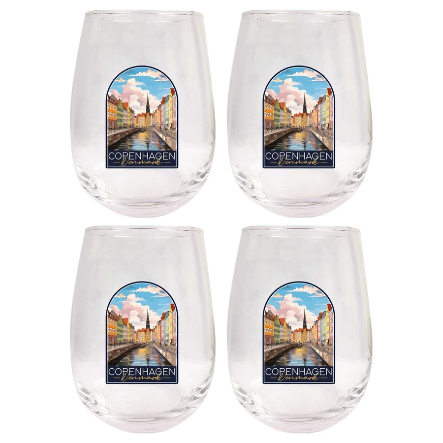 Copenhagen Denmark Design B Souvenir 15 oz Stemless Wine Glass 4-Pack Image 1