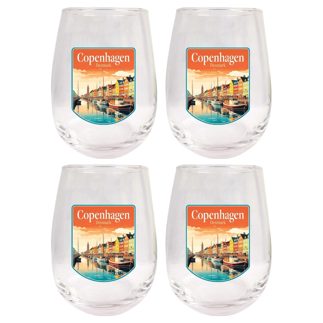 Copenhagen Denmark Design A Souvenir 15 oz Stemless Wine Glass 4-Pack Image 1