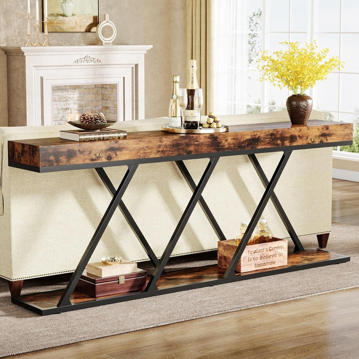 Tribesigns 70.87" Industrial Console Table Rustic Brown Metal Base Entryway Table Image 1