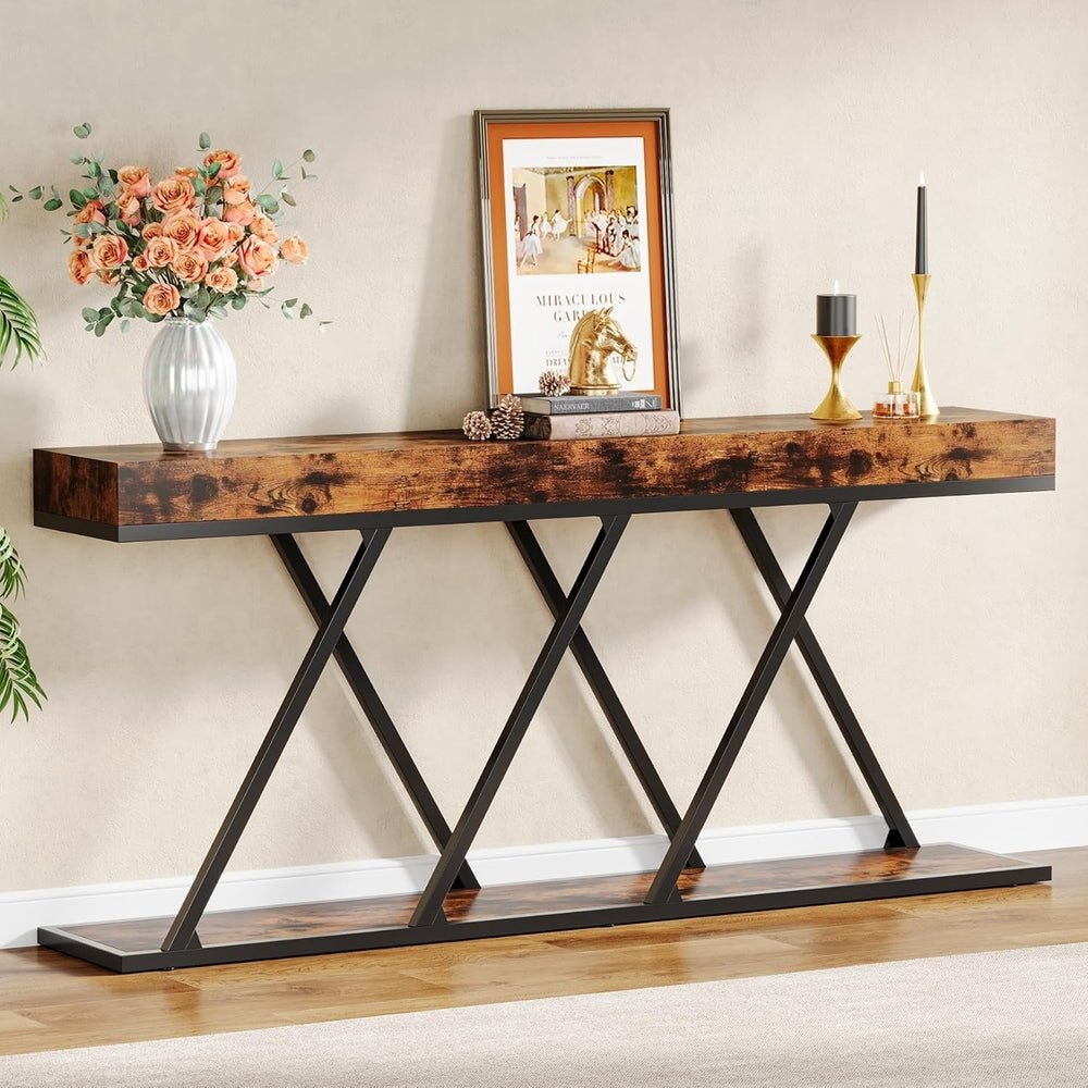 Tribesigns 70.87" Industrial Console Table Rustic Brown Metal Base Entryway Table Image 2