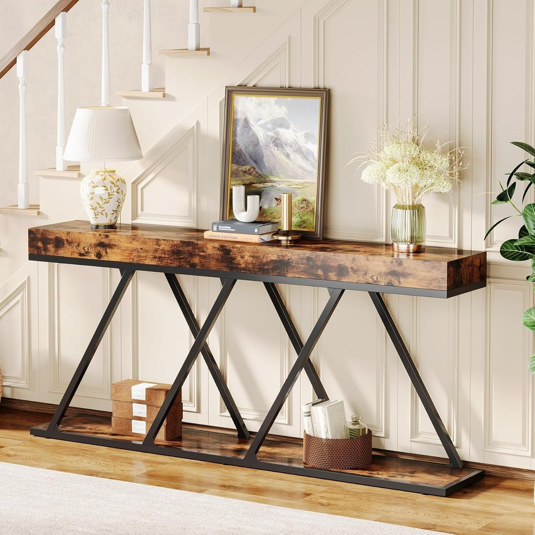 Tribesigns 70.87" Industrial Console Table Rustic Brown Metal Base Entryway Table Image 3