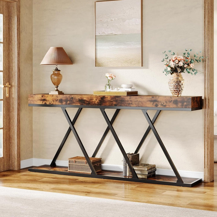 Tribesigns 70.87" Industrial Console Table Rustic Brown Metal Base Entryway Table Image 5