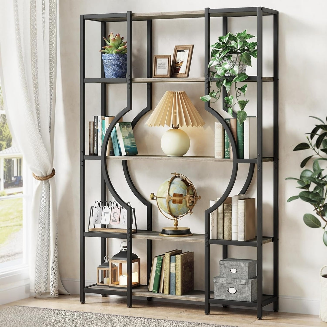 Tribesigns Vintage Tall Bookcase with 12 Open Display Shelves and 5-Tier, Wooden Book Shelving Unit with Metal Frame Image 1