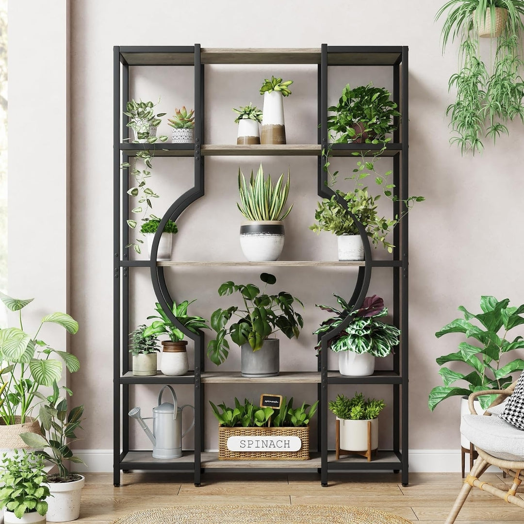 Tribesigns Vintage Tall Bookcase with 12 Open Display Shelves and 5-Tier, Wooden Book Shelving Unit with Metal Frame Image 2