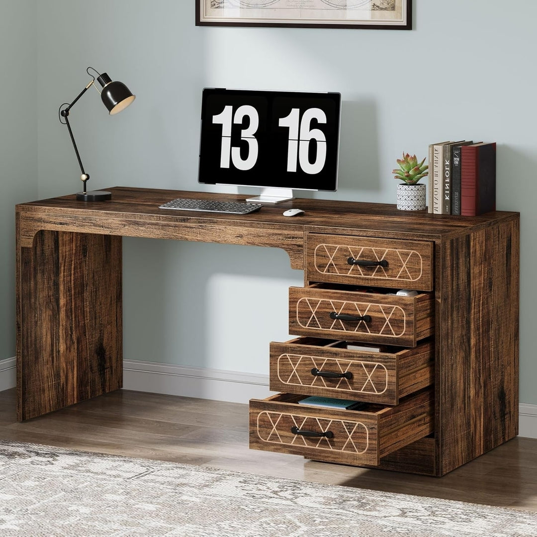 Tribesigns 59" Wood Farmhouse Executive Computer Desk with 4 Drawers,Home Office Desk with Reversible Drawer Cabinet Image 1