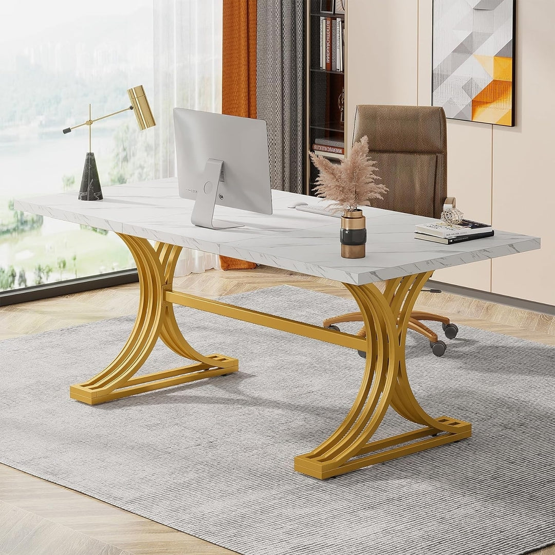 Tribesigns 63" Office Desk Modern Faux Marble Wood with Gold Legs Adjustable Image 1