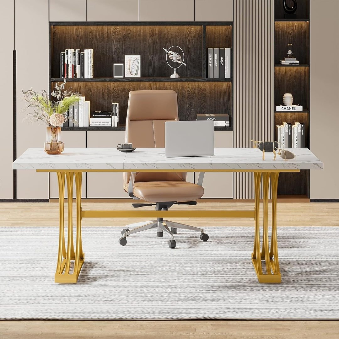 Tribesigns 63" Office Desk Modern Faux Marble Wood with Gold Legs Adjustable Image 2