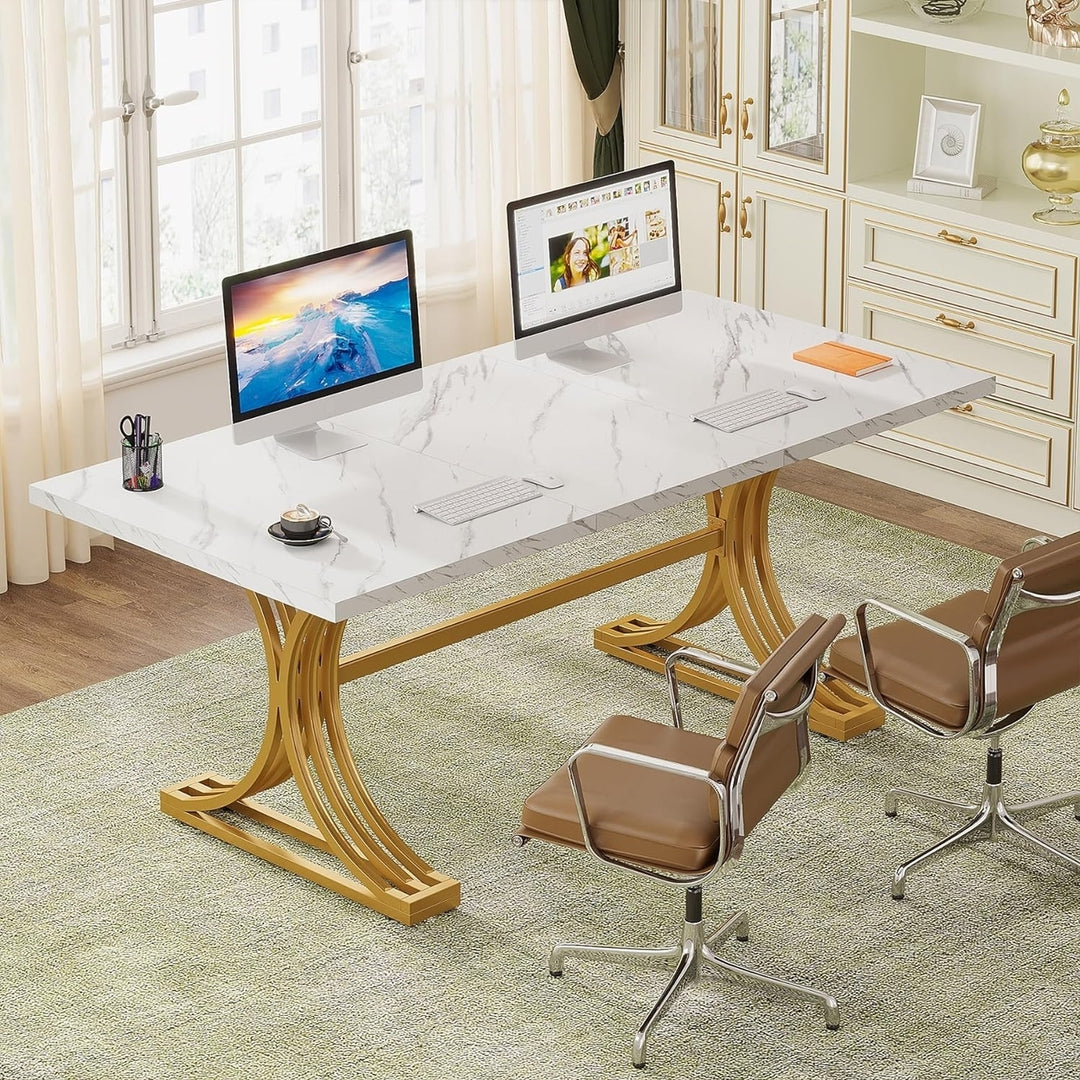 Tribesigns 63" Office Desk Modern Faux Marble Wood with Gold Legs Adjustable Image 3