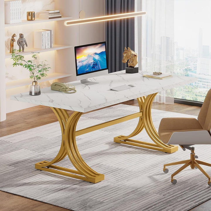 Tribesigns 63" Office Desk Modern Faux Marble Wood with Gold Legs Adjustable Image 4