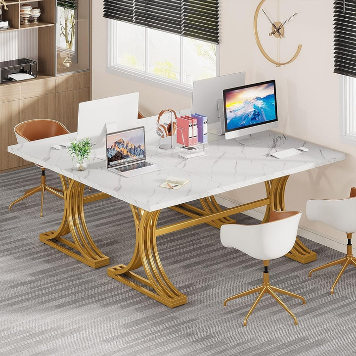 Tribesigns 63" Office Desk Modern Faux Marble Wood with Gold Legs Adjustable Image 5