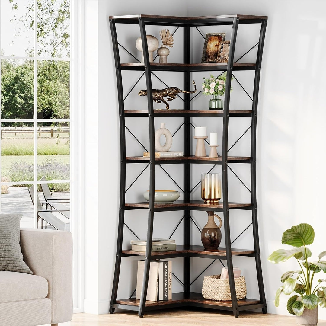 Tribesigns 7-Tier Tall Wall Corner Bookshelf, Industrial L-Shaped Bookcase Display Shelves Storage Rack with Metal Frame Image 1