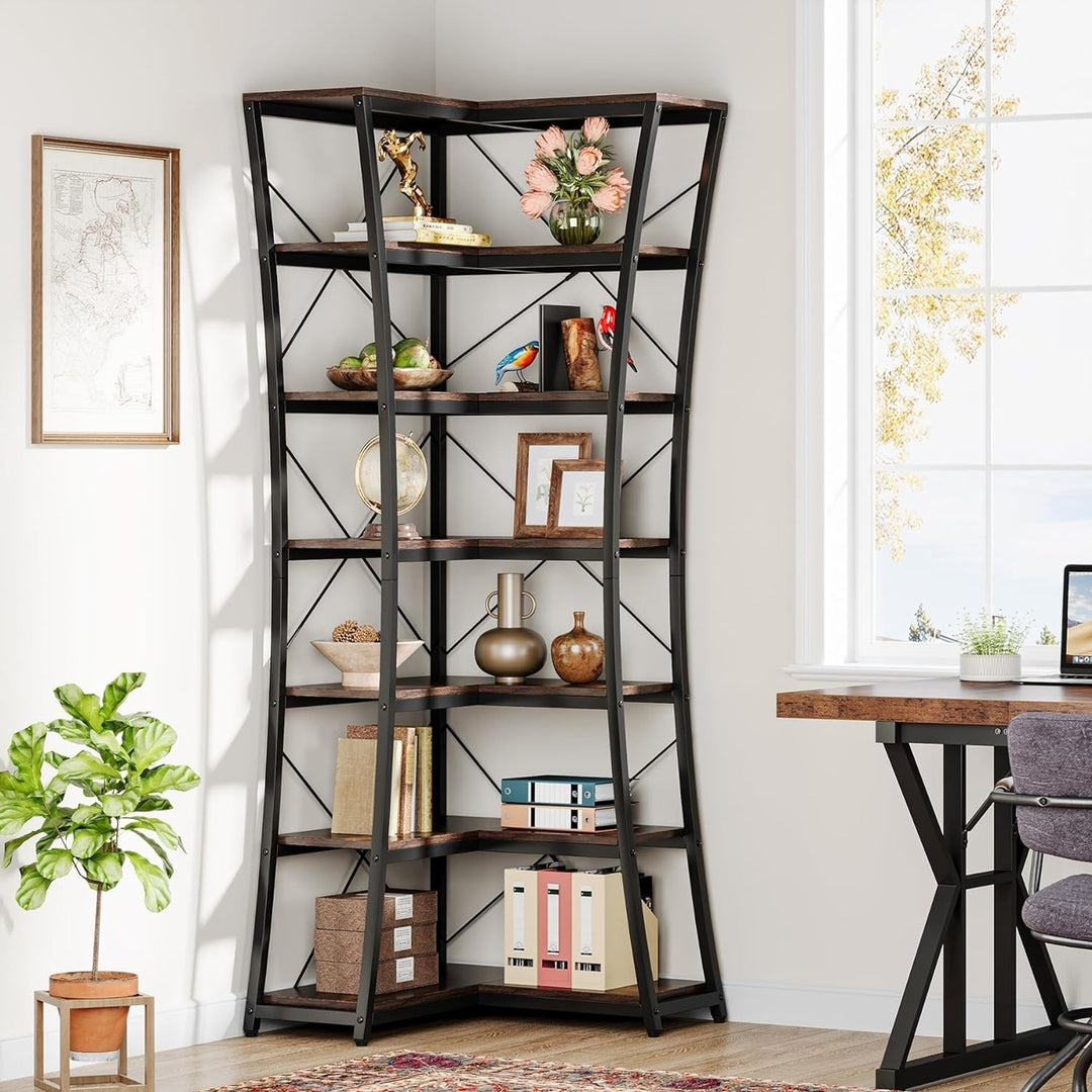 Tribesigns 7-Tier Tall Wall Corner Bookshelf, Industrial L-Shaped Bookcase Display Shelves Storage Rack with Metal Frame Image 3