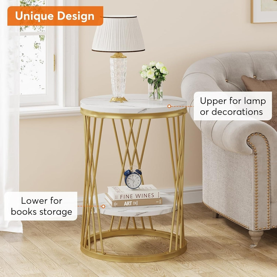 Tribesigns Round End Table Gold Frame Faux Marble 2-Tier Nightstand 17.7" Image 4