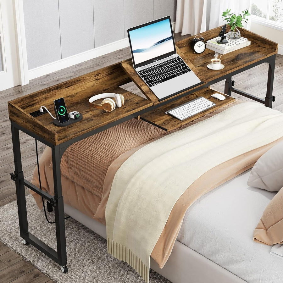 Tribesigns Height Adjustable Overbed Table with Wheels,Over Bed Desk with Adjustable Tilt Stand, Mobile Laptop Cart Image 1