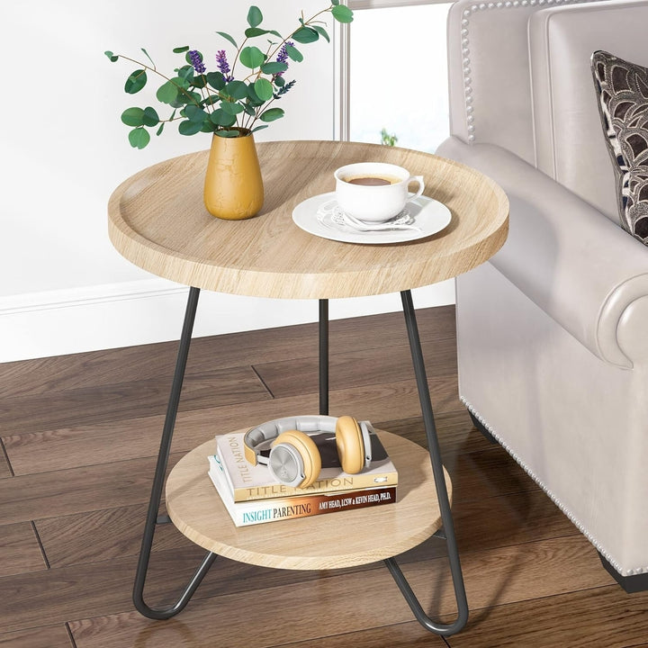 Tribesigns Set of 2 Round Side Table, 2-Tier End Table with Metal Legs,Small Accent Table Snack Table for Living Room Image 1