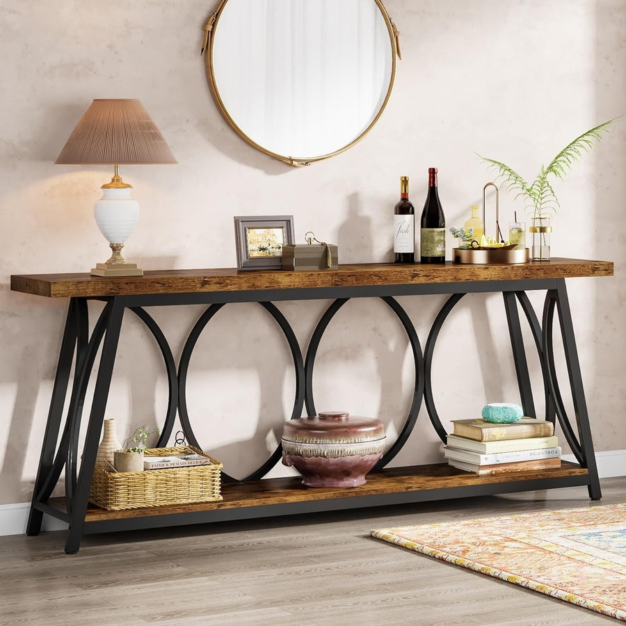 Tribesigns 70.9 Inch Industrial Console Table Wooden Entryway Sofa Table Black Metal Image 1