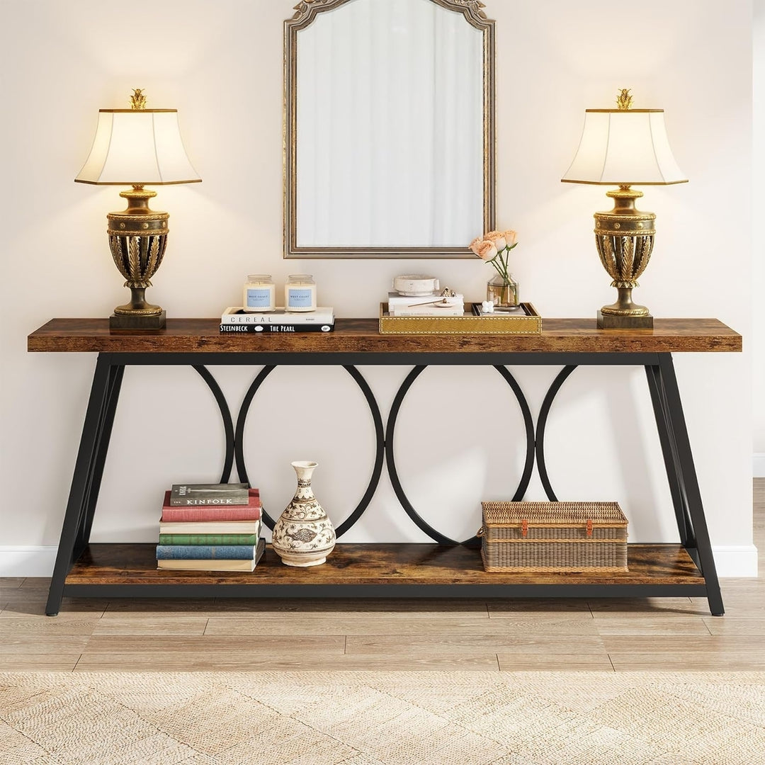 Tribesigns 70.9 Inch Industrial Console Table Wooden Entryway Sofa Table Black Metal Image 3