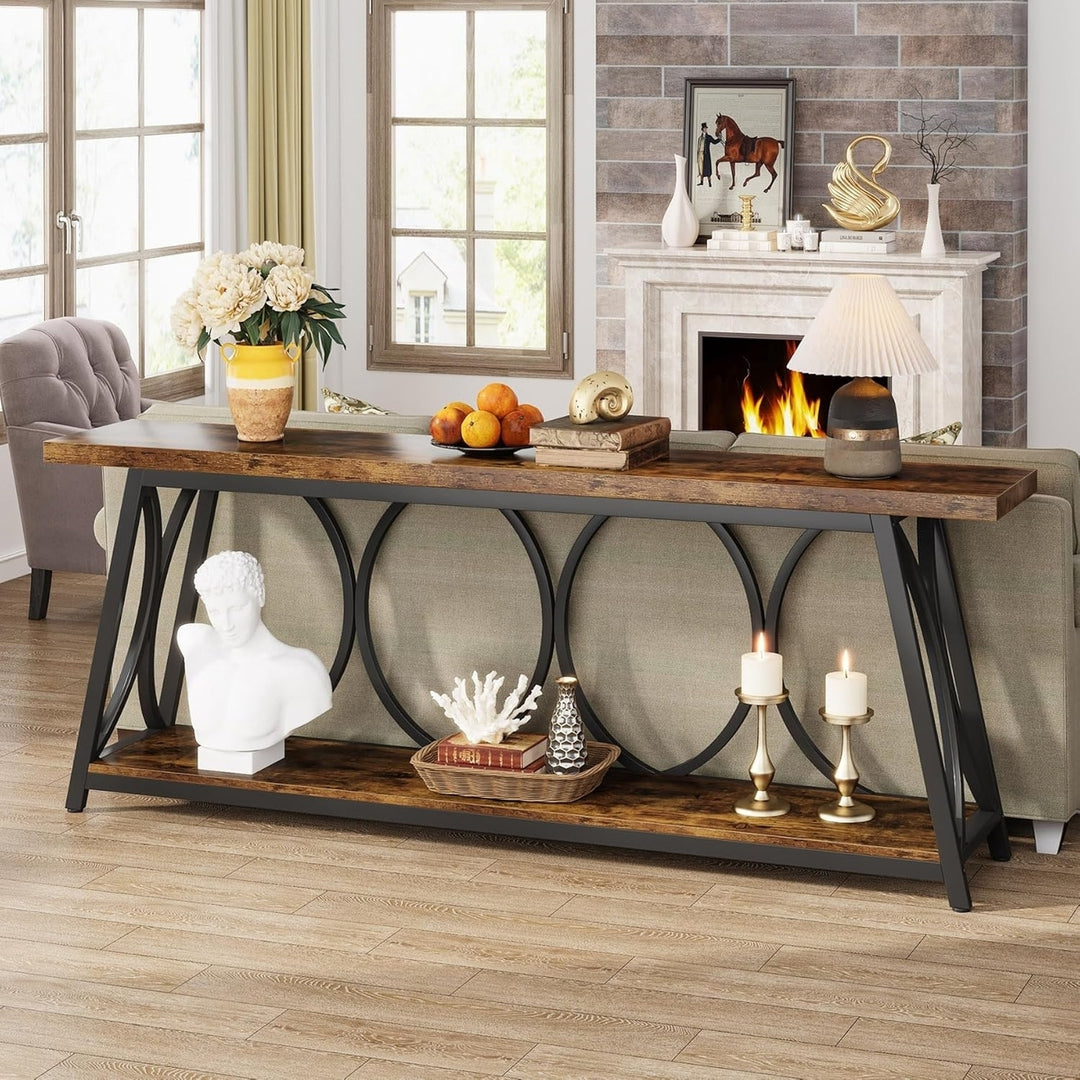 Tribesigns 70.9 Inch Industrial Console Table Wooden Entryway Sofa Table Black Metal Image 4