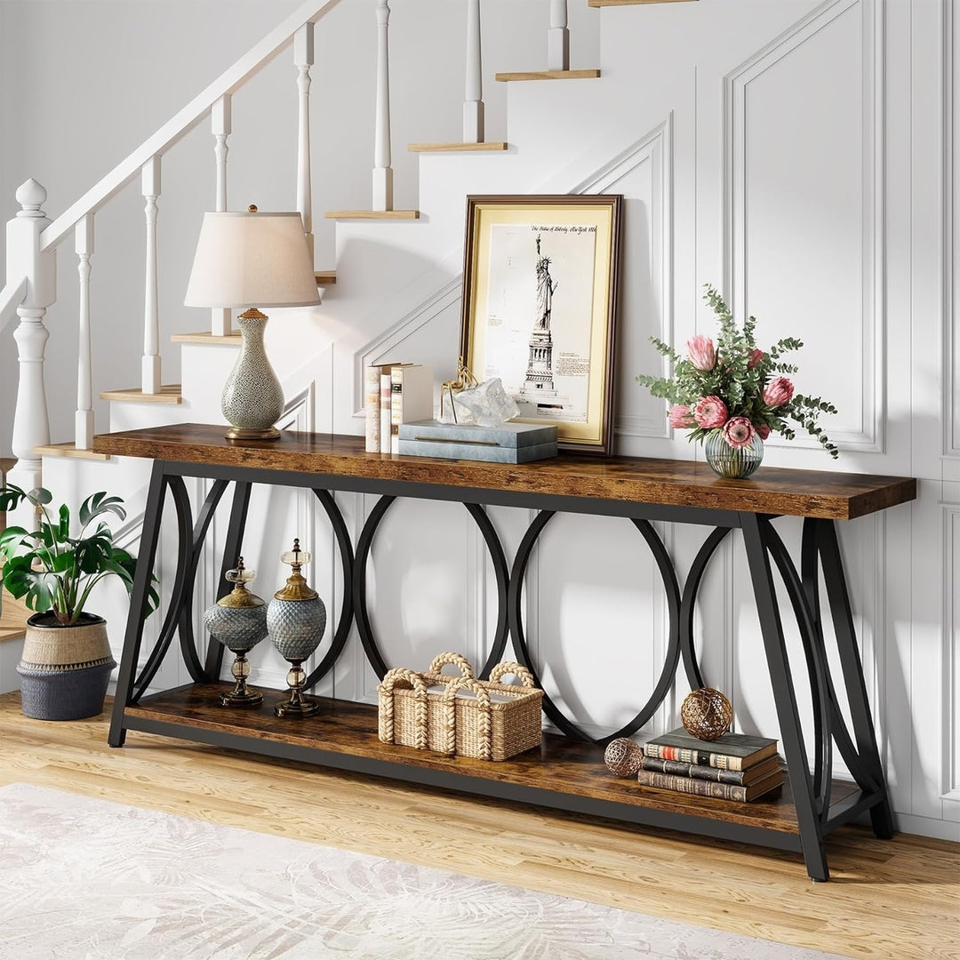 Tribesigns 70.9 Inch Industrial Console Table Wooden Entryway Sofa Table Black Metal Image 5