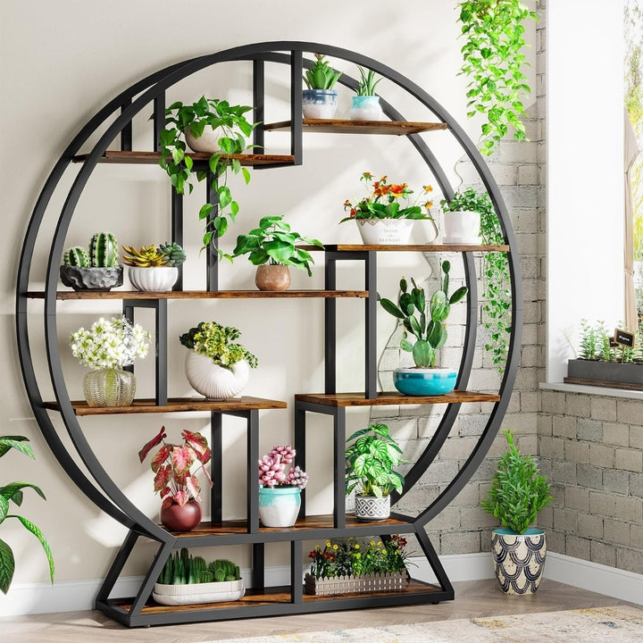 Tribesigns 63 Inch Indoor Plant Stand Round Shelf Holder 8 Shelves Metal Wood Image 3