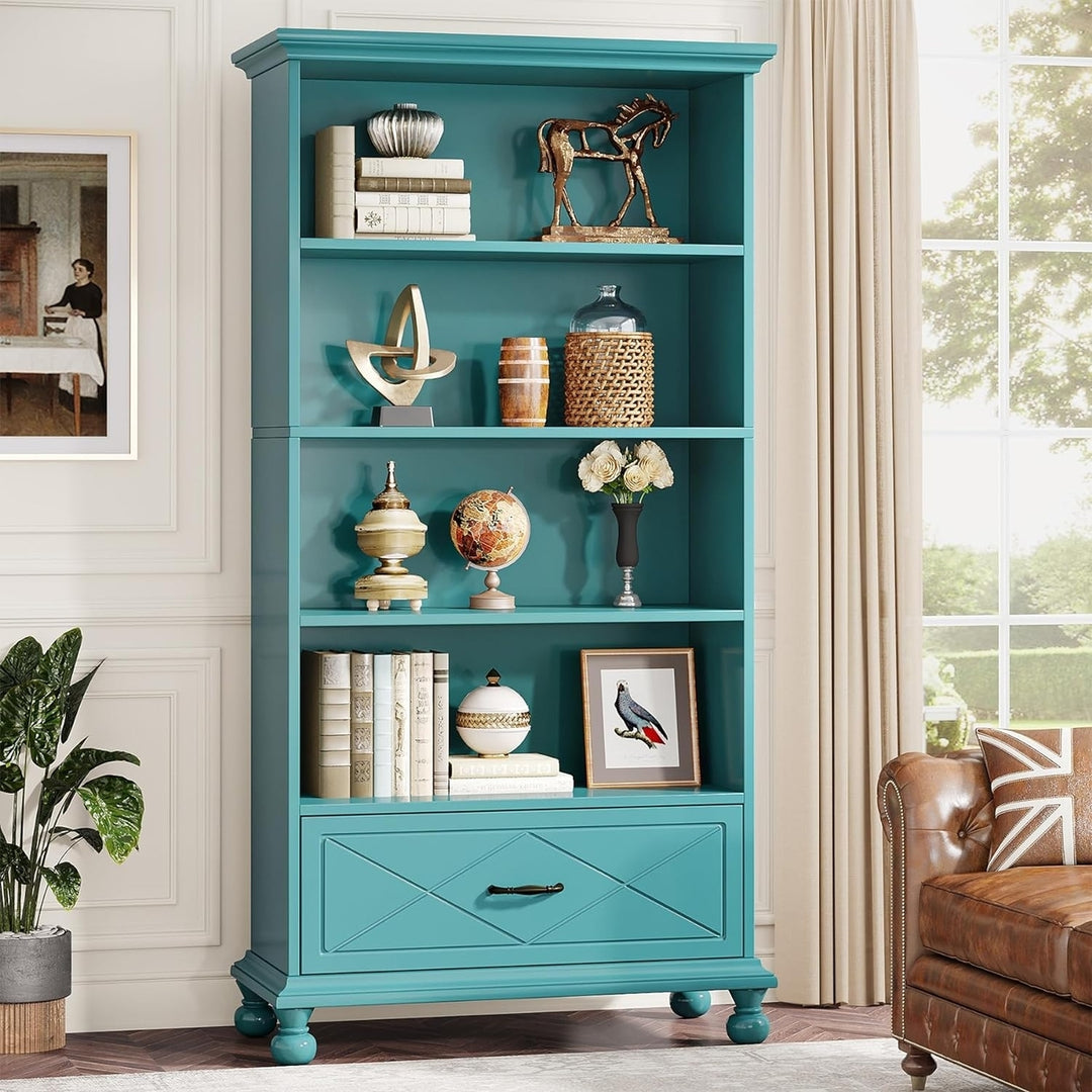 Tribesigns 71 Inch Blue Bookcase with Drawer 6 Tier Wood Bookshelf Living Room Image 1