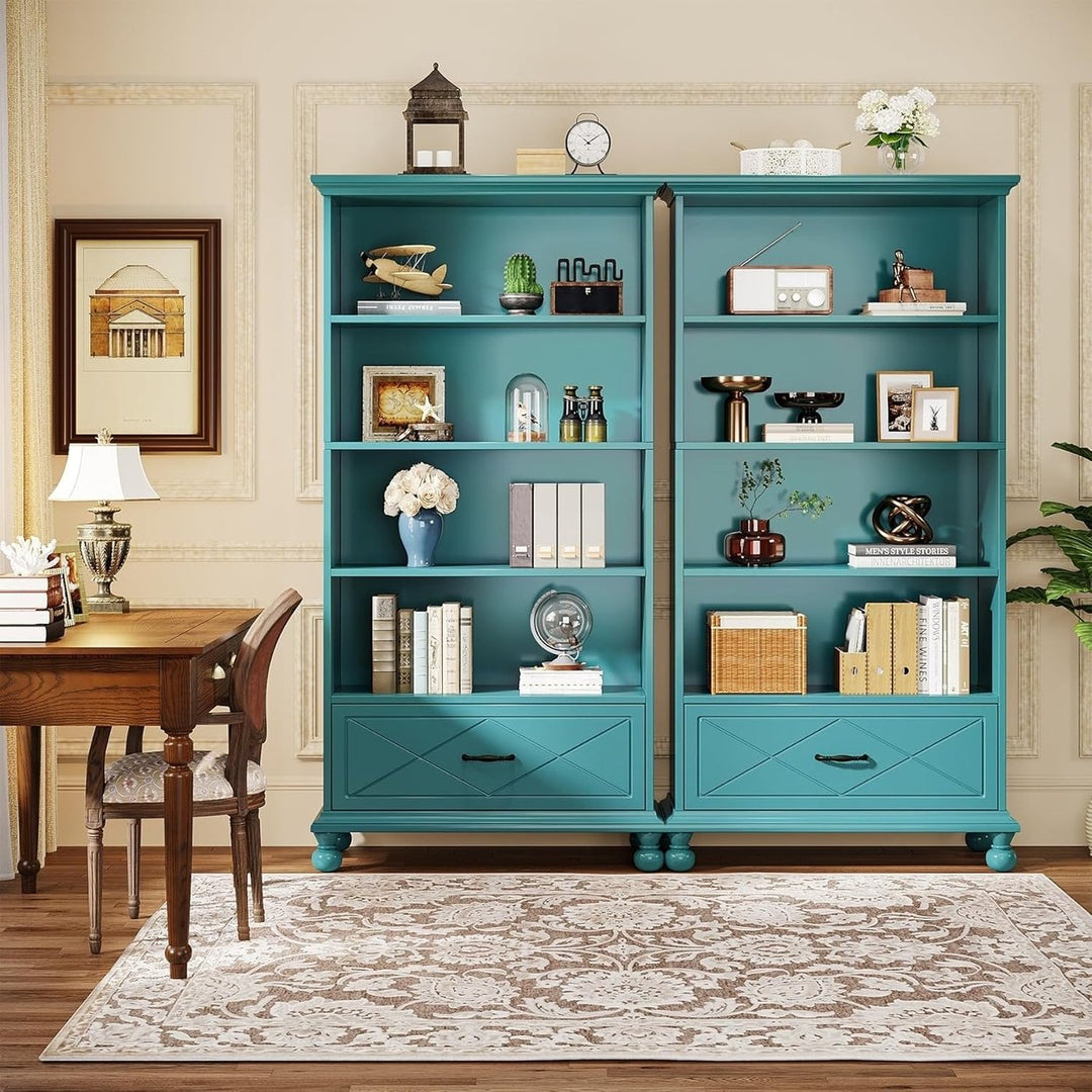 Tribesigns 71 Inch Blue Bookcase with Drawer 6 Tier Wood Bookshelf Living Room Image 4