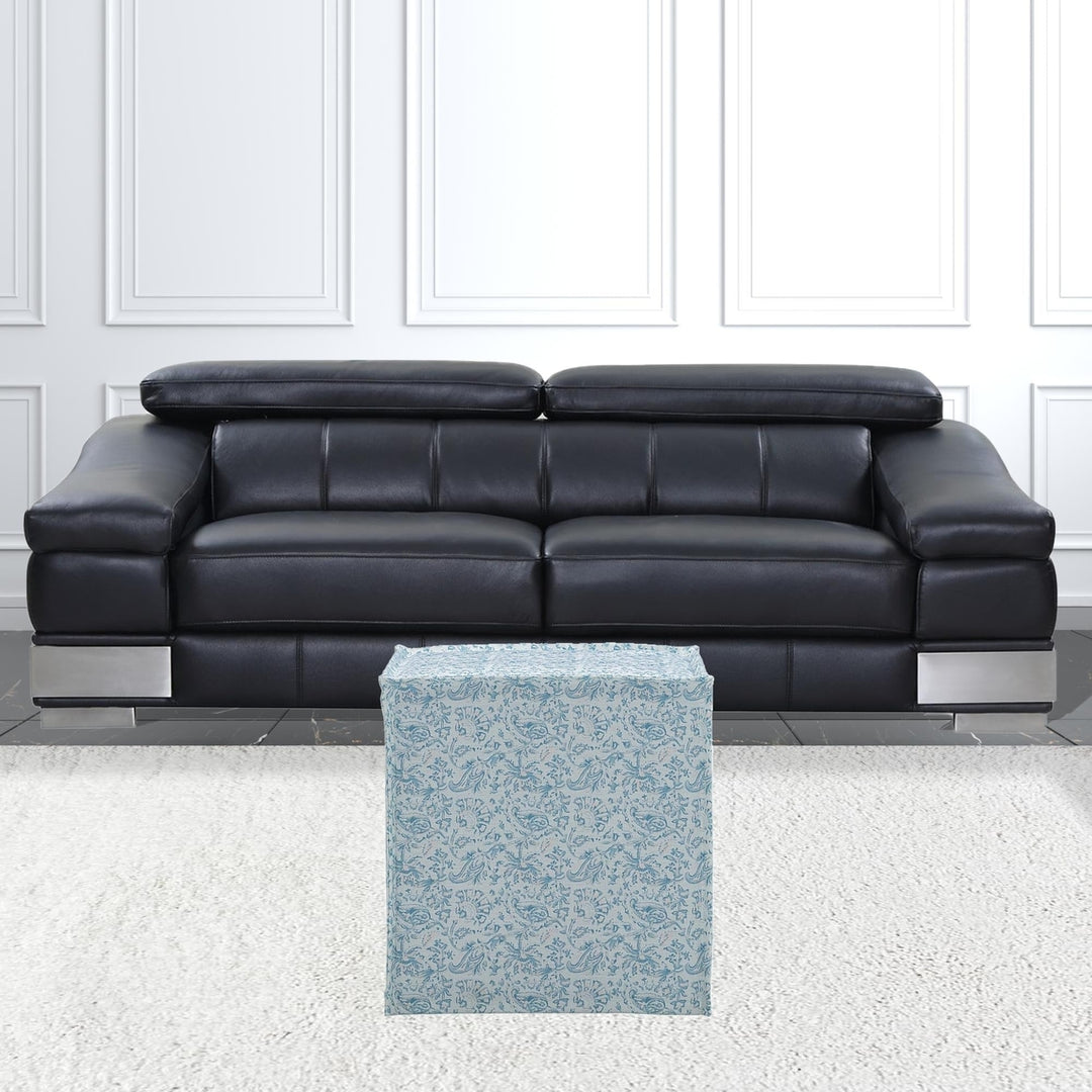 18" Blue Linen Floral Ottoman Image 4