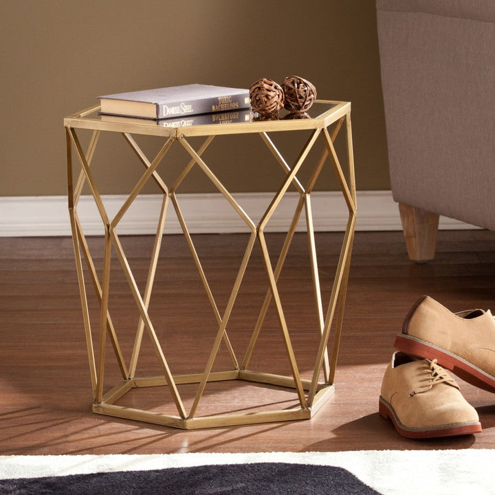 19" Gold And Reflective Glass Hexagon Mirrored End Table Image 1