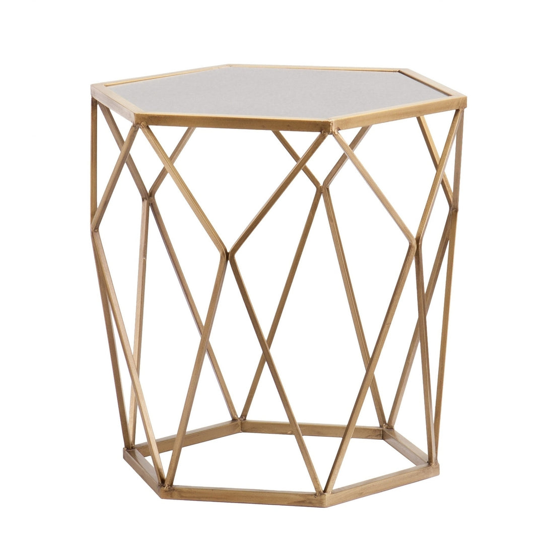 19" Gold And Reflective Glass Hexagon Mirrored End Table Image 2