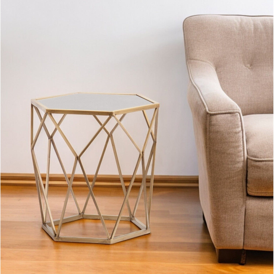 19" Gold And Reflective Glass Hexagon Mirrored End Table Image 5