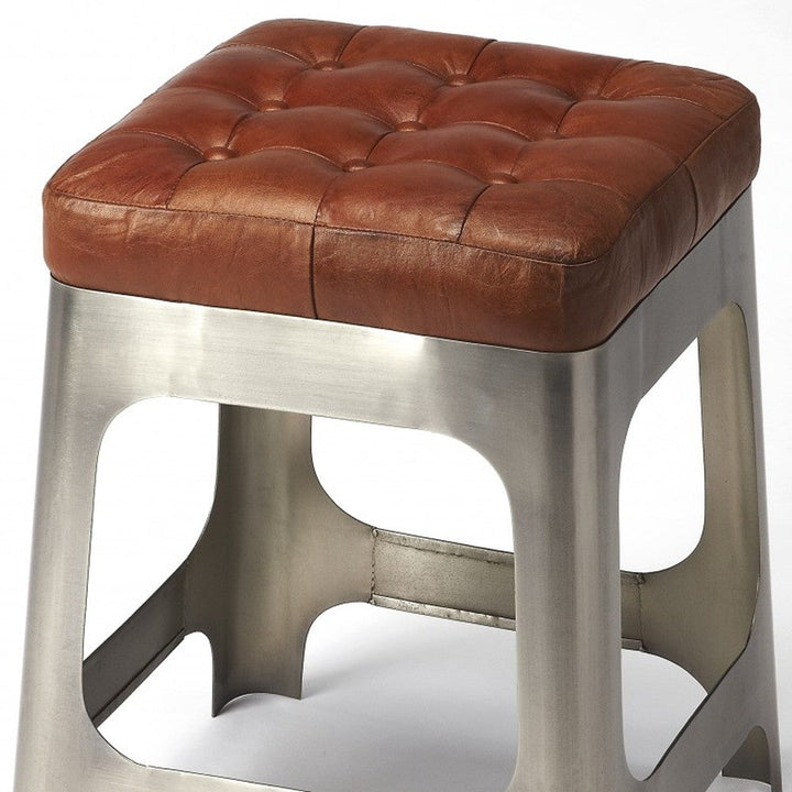 20" Brown And Silver Leather And Iron Backless Bar Chair Image 5