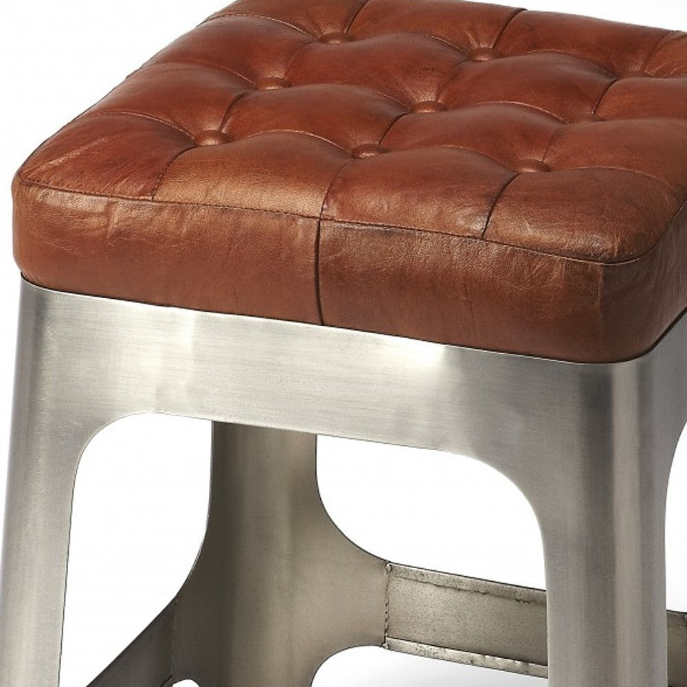 20" Brown And Silver Leather And Iron Backless Bar Chair Image 6