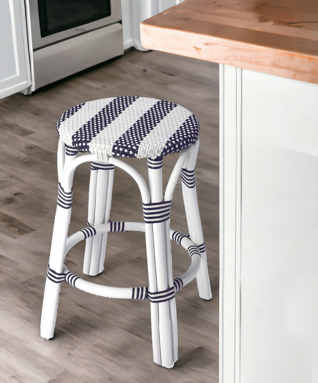 24" Blue and White Rattan Backless Counter Height Bar Chair Image 7