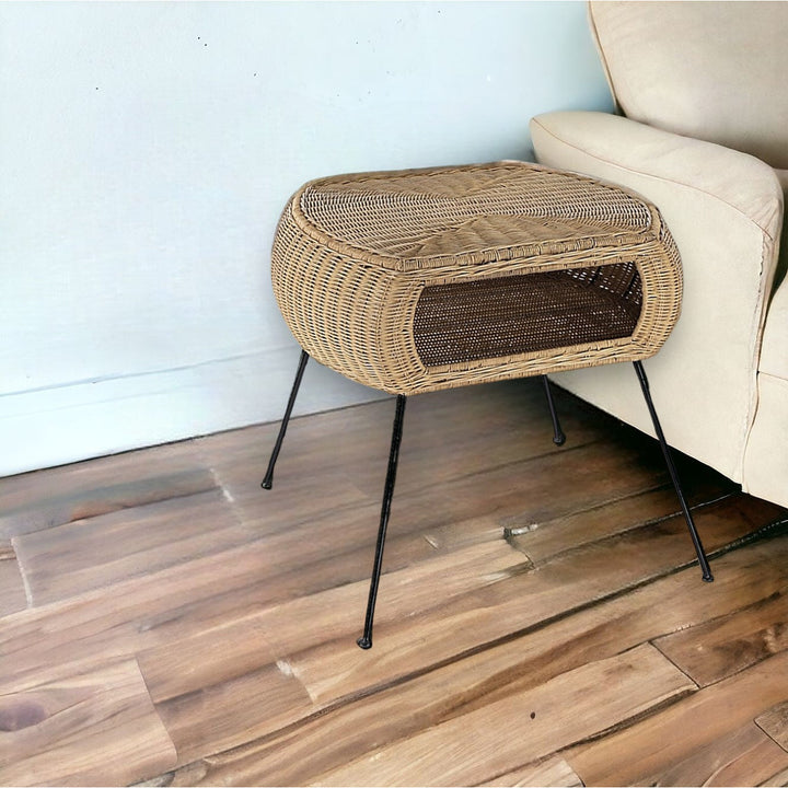 24" Natural Brown Rattan and Black End Table With Shelf Image 8