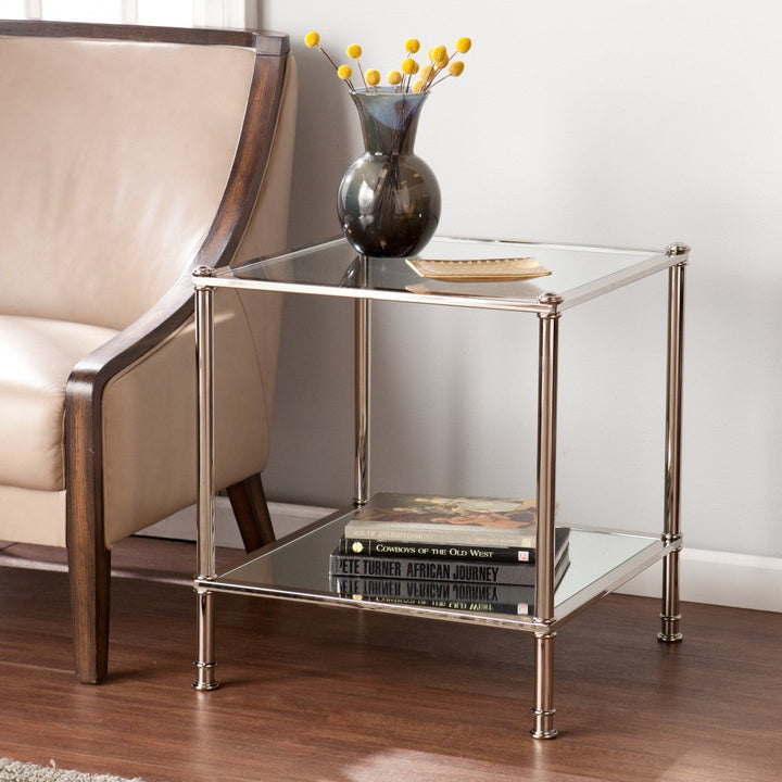 24" Silver Glass And Iron Square Mirrored End Table Image 1