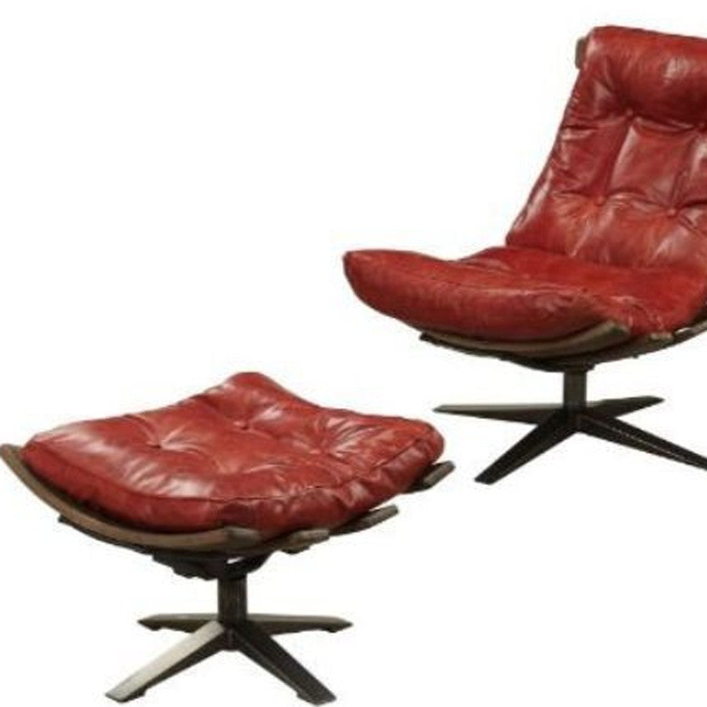 27" Red And Brown Top Grain Leather Tufted Swivel Lounge Chair With Ottoman Image 3