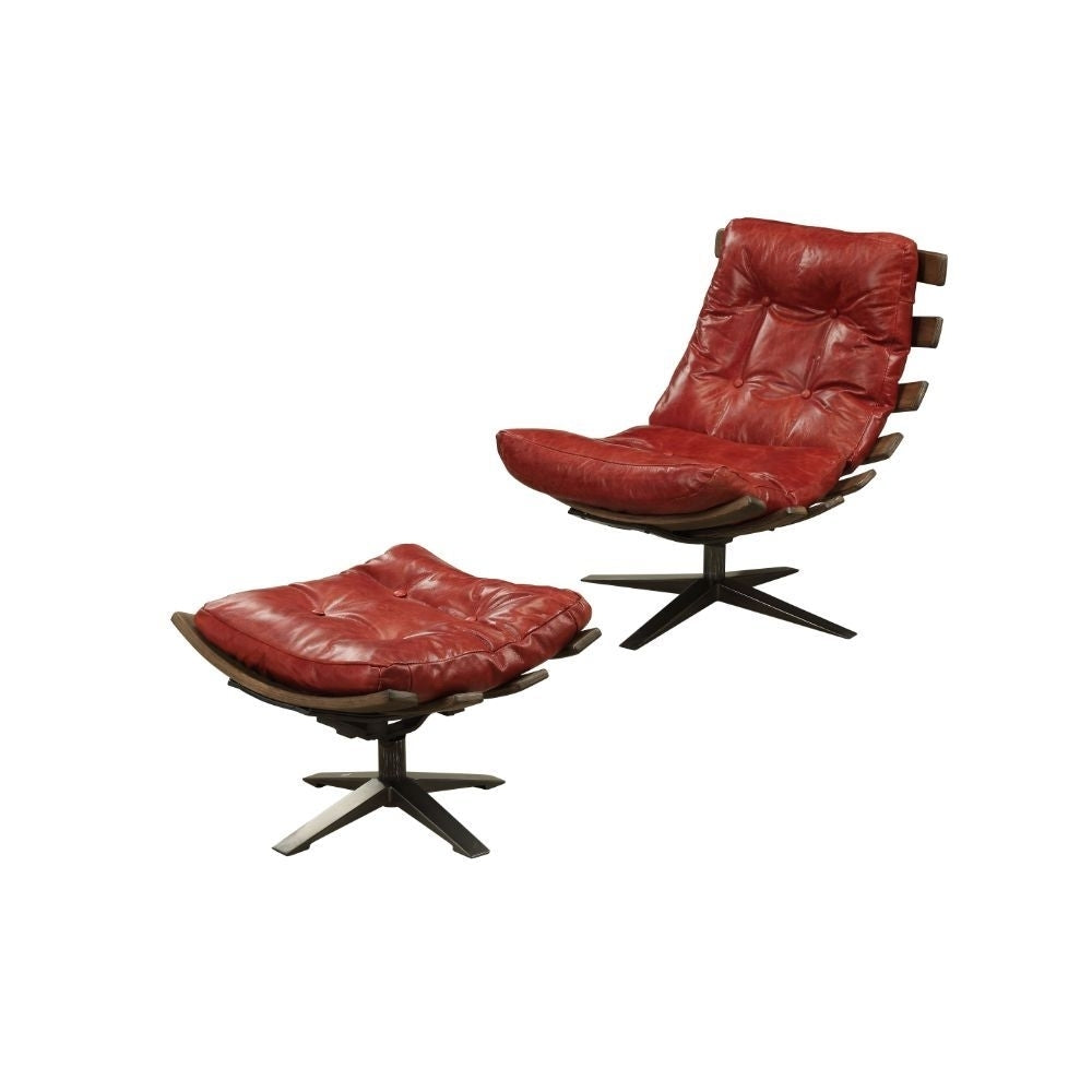 27" Red And Brown Top Grain Leather Tufted Swivel Lounge Chair With Ottoman Image 6