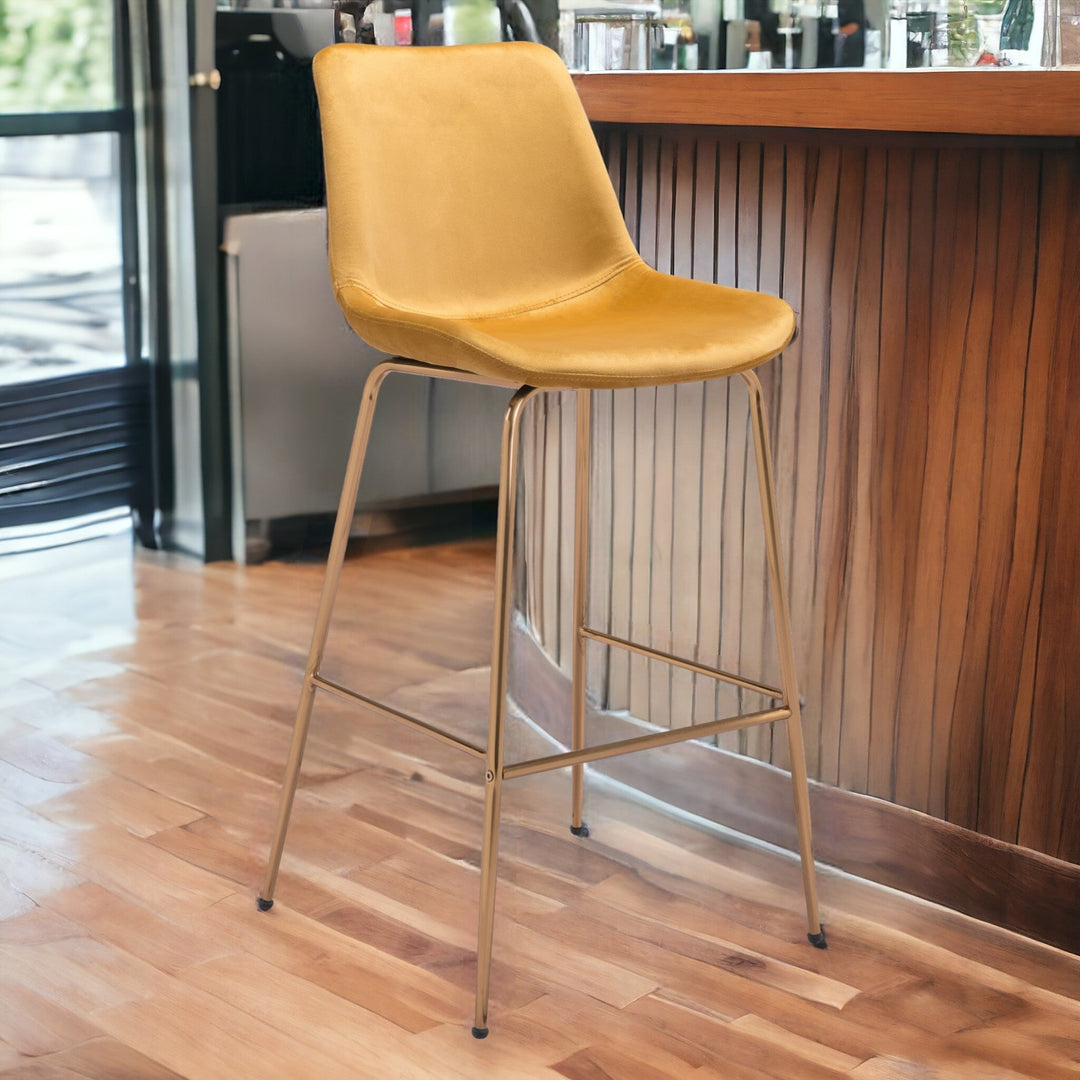 31" Yellow And Gold Velvet And Steel Low Back Bar Height Bar Chair Image 4