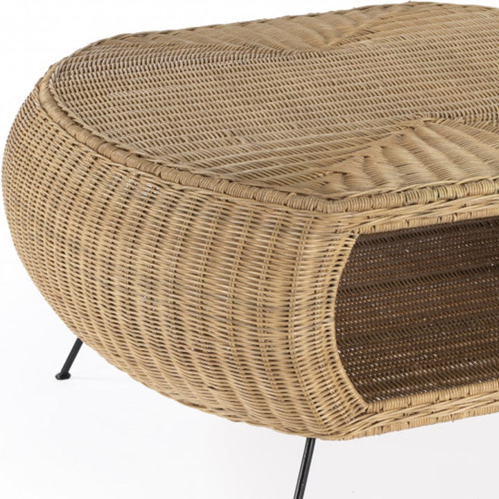 38" Natural Rattan Wicker With Iron Round Coffee Table Image 3