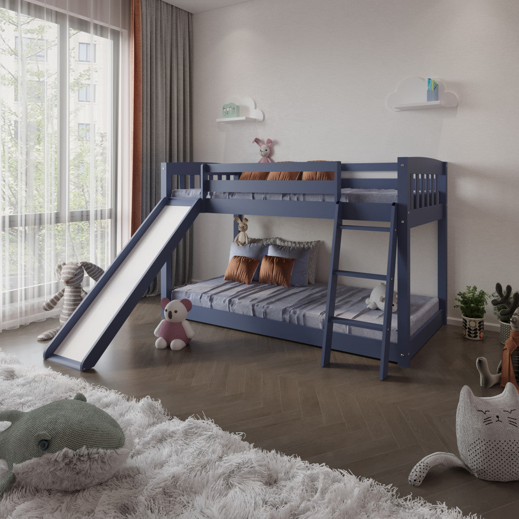 Blue Twin over Twin Solid Wood Bunk Bed With Slide and Ladder Image 4