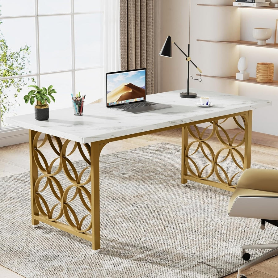 Tribesigns 63 Inch Modern Executive Desk Gold Metal Frame White Marble Surface Image 1