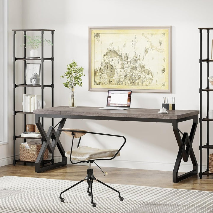 Tribesigns 63 Inch Modern Executive Desk Large Wooden Top Metal Frame Black Image 2