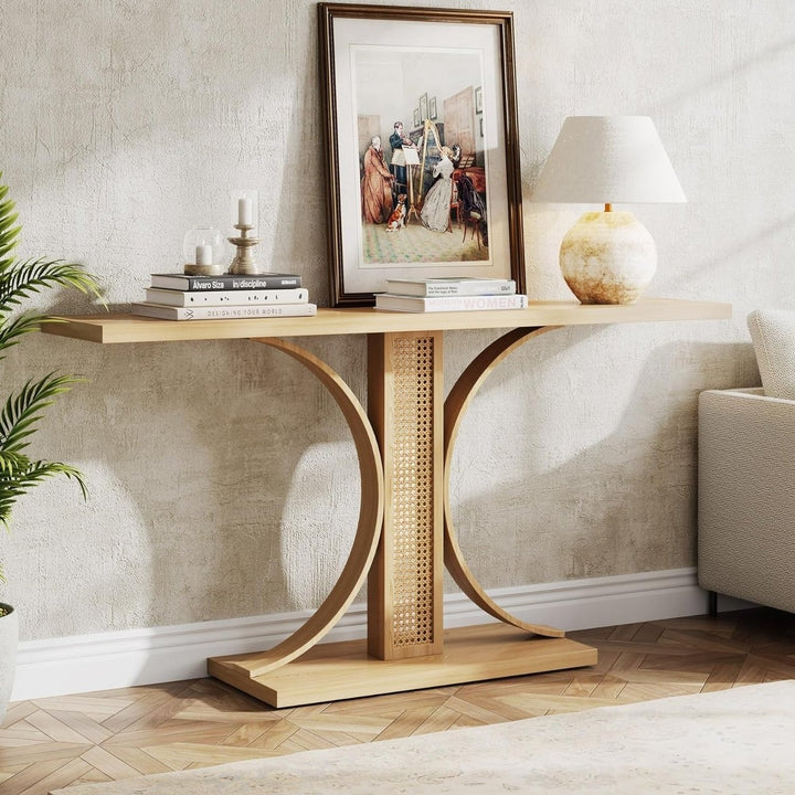 Tribesigns 55 Inches Rattan Console Table, Farmhouse Wooden Hallway Table,Narrow Long Sofa Table Behind Couch Image 3