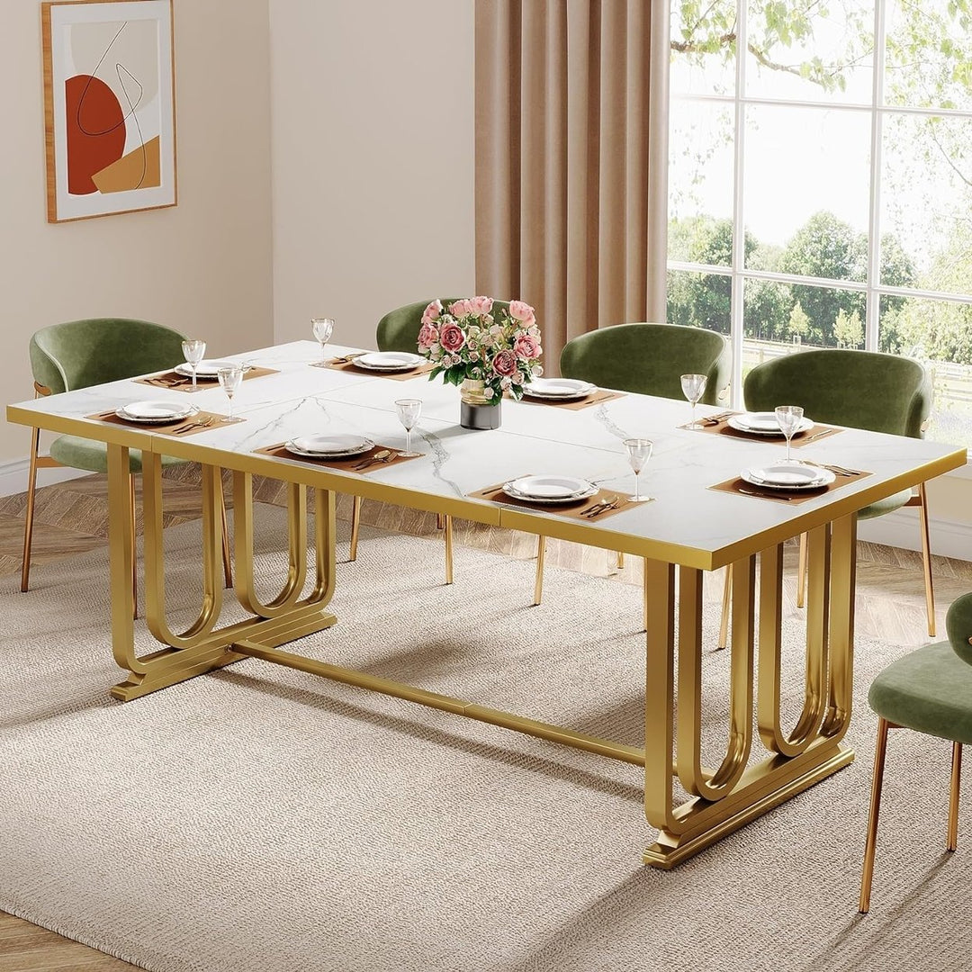 Tribesigns Modern Dining Table for 6-8, 70.87" Rectangle Wood Kitchen Table with Faux Marble Tabletop and Golden Metal Image 1