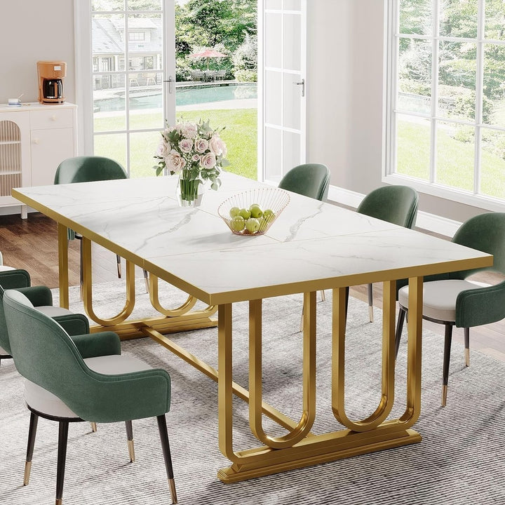 Tribesigns Modern Dining Table for 6-8, 70.87" Rectangle Wood Kitchen Table with Faux Marble Tabletop and Golden Metal Image 2